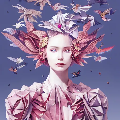 Prompt: 3 / 4 view of a beautiful girl wearing an origami dress, eye - level medium shot, fine floral ornaments in cloth and hair, hummingbirds, elegant, by eiko ishioka, givenchy, craig mullins, by peter mohrbacher, centered, fresh colors, origami, fashion, detailed illustration, vogue, high depth of field, japanese, reallusion character creator