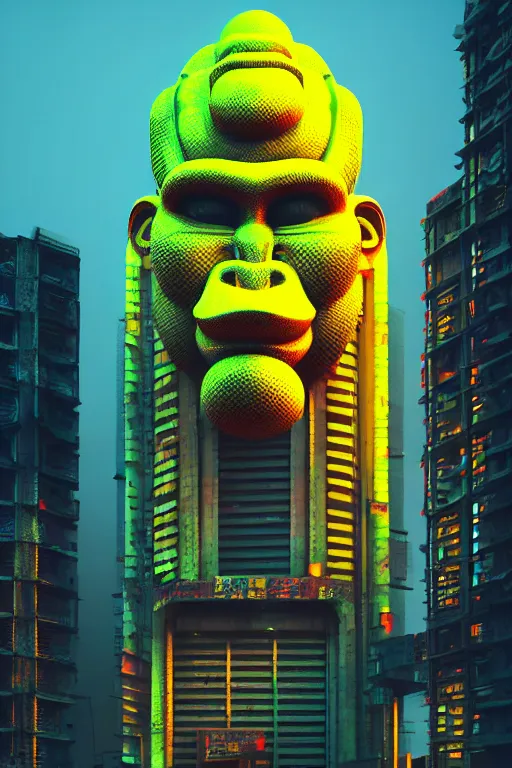 Image similar to high quality 3 d render hyperrealistic cyberpunk brutalist hanuman head building, neon yellow madhubani, highly detailed, in sci - fi mumbai, unreal engine cinematic smooth, liam wong, moody light, low angle, uhd 8 k, sharp focus