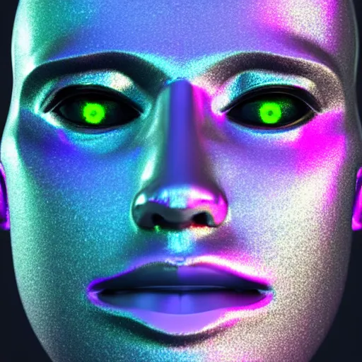 Image similar to 3d render of holographic human robotic head made of glossy iridescent, surrealistic 3d illustration of a human face non-binary, non binary model, 3d model human, cryengine, made of holographic texture, holographic material, holographic rainbow, concept of cyborg and artificial intelligence