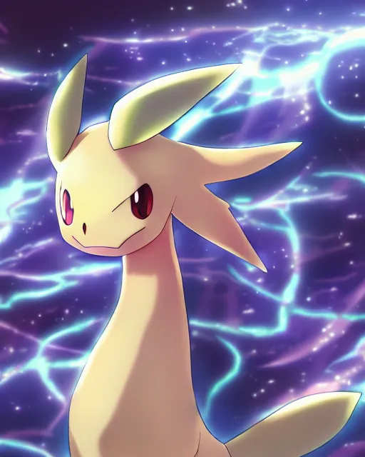 Image similar to anime scenery, a pokemon, full shot, very anime, digital art, captures emotion and movement, ambient lighting, perfect composition, dynamic lighting, detailed face, very extremely detailed blue eyes, smooth shading