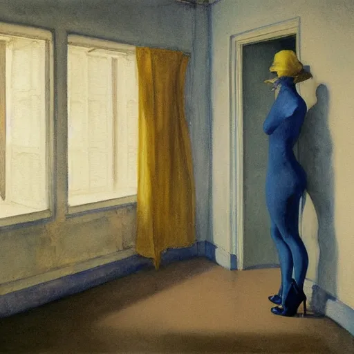 Image similar to close up of a girl in a blue and gold haunted liminal abandoned room, watercolor by edward hopper, by gottfried helnwein, by hammershøi, art noveau, highly detailed, strong lights, liminal, eerie, bright pastel colors,