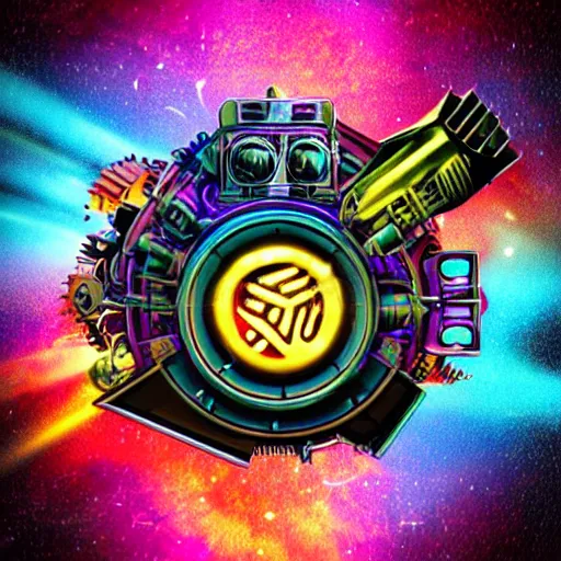 Image similar to sticker of a rock band, name is tripmachine, on the sticker is a 3 d render of a huge futuristic steampunk engine generator, 8 k, fluorescent colors, halluzinogenic, multicolored, exaggerated detailed, silk screen art