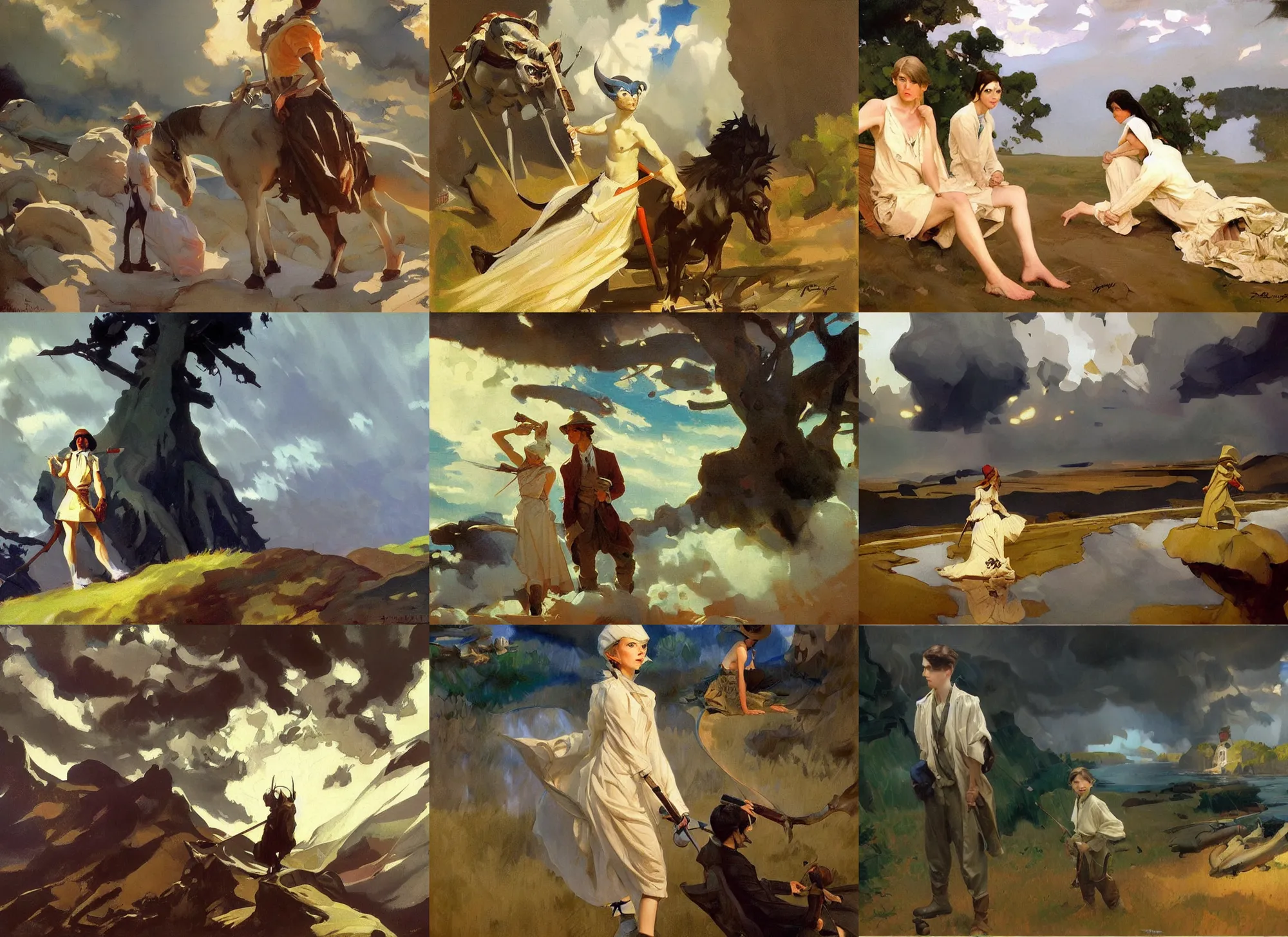 Prompt: painting by sargent and leyendecker and greg hildebrandt savrasov levitan polenov, studio ghibly style mononoke, middle earth overcast storm masterpiece