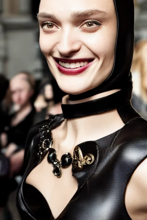 Image similar to A beautiful portrait of Daria Strokous smiling as Catwoman from Batman movie 2022, a Balmain fashion model Spring/Summer 2010, highly detailed, in the style of cinematic, Getty images, Milan fashion week backstage, Extreme close up, Makeup by Pat McGrath, Hair by Guido Palau, Greg rutkowski