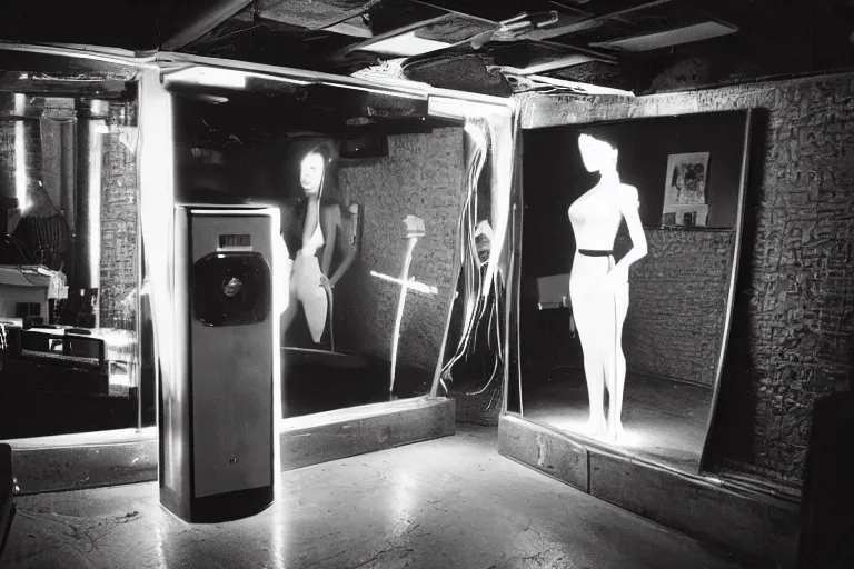 Image similar to robot staring at her reflection in a mirrored monolith, from 1977, in a tiki bar, volumetric lighting, surrounded by crt monitors, photograph, in the style of jack bridgeland