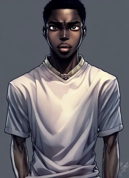 Prompt: handsome hip hop young black man, model pose, confident, manga style, scenery wallpaper aesthetic, pastel colors, symmetrical face, cinematic, dramatic, super detailed and intricate, hyper realistic, 4 k render, by artgerm, by kyoung hwan kim, by ralph mcquarrie, by yoshiyuki tomino