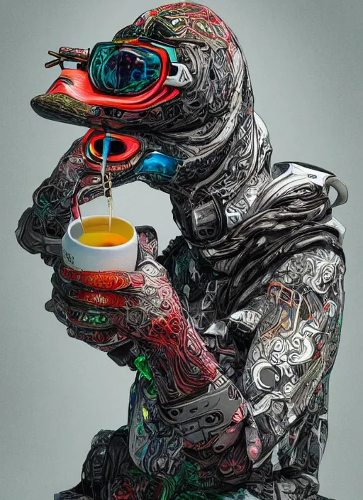 Image similar to duck drinks energy drink monster energy, elegant, sophisticated, fashionable cyberpunk gravure idol, an ultrafine hyperdetailed illustration by kim jung gi, irakli nadar, intricate linework, bright colors, porcelain skin, unreal engine 5 highly rendered, fashion photography, global illumination, radiant light, detailed and intricate environment