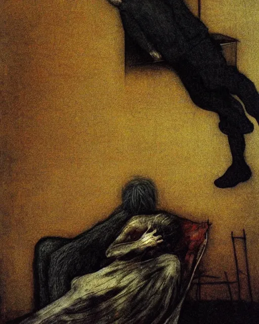 Prompt: an old dead couple sitting on a couch in an old soviet apartment,  Francisco Goya painting, part by Beksiński and Gerhard Richter. art by Takato Yamamoto, Francis Bacon masterpiece