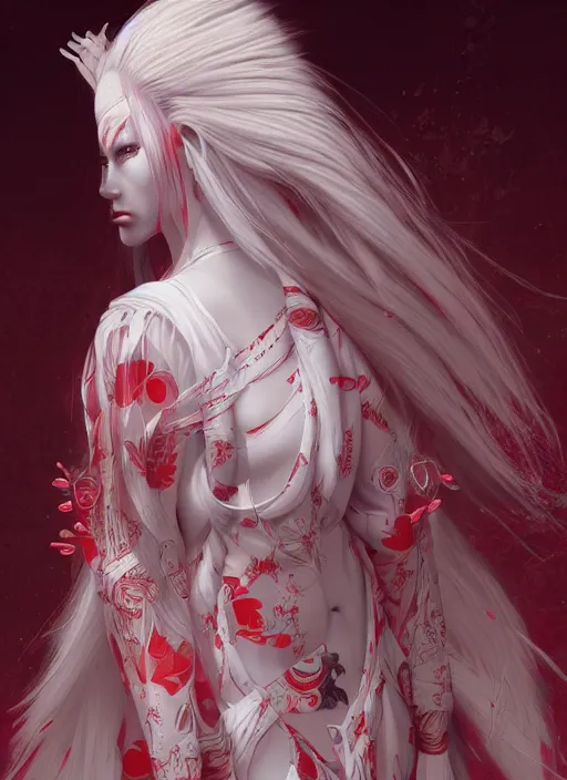 Image similar to albino maiko with very long fantasy hair, dluent composition, red and white neon, concept art, intricate details, highly professionally detailed, cgsociety, highly detailed -