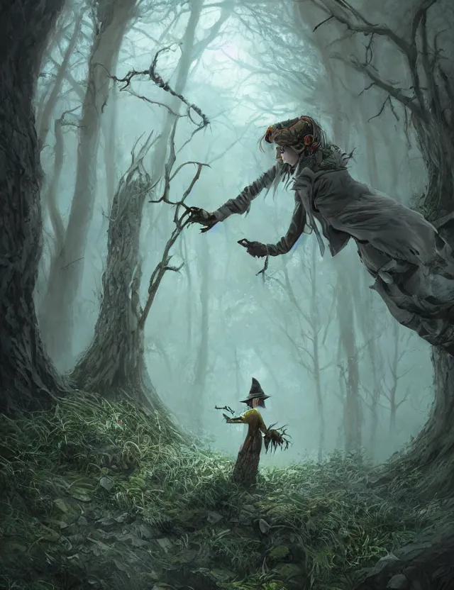 Image similar to witch of the lichen woods. this air brush painting by the award - winning concept artist has an interesting color scheme, plenty of details and impeccable lighting.