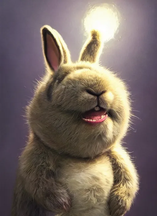 Image similar to hyper realistic, portrait of a derpy big chungus, with bunny rabbit ears, very fuzzy, furry, smoking weed, big smile, buck teeth, bright balanced lighting, by greg rutkowski, scott m fischer, artgerm, loish, slight glow, atmospheric, anne stokes, alexandros pyromallis, 4 k, 8 k