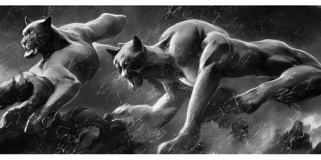 Image similar to highly detailed beautiful black and white photography of panther, splash, sharp focus, dynamic lighting, elegant harmony, beauty, masterpiece, by riccardo federici, by james jean, by craig mullins, by lois van baarle, by makoto shinkai, by greg tocchini, by greg rutkowski, illustration, ink draw, pen,