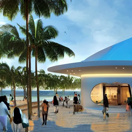 Image similar to architectural renderings, a seaside visitor center consisting of three mushroom - shaped buildings on the blue sea with tall coconut trees ， detailed