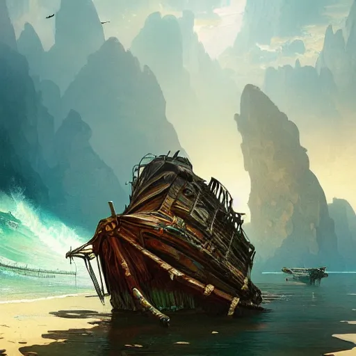 Image similar to shipwreck in a tropical bay western, D&D, fantasy, intricate, elegant, highly detailed, digital painting, artstation, concept art, matte, sharp focus, illustration, art by Artgerm and Greg Rutkowski and Alphonse Mucha, masterpiece, stunning, artstation