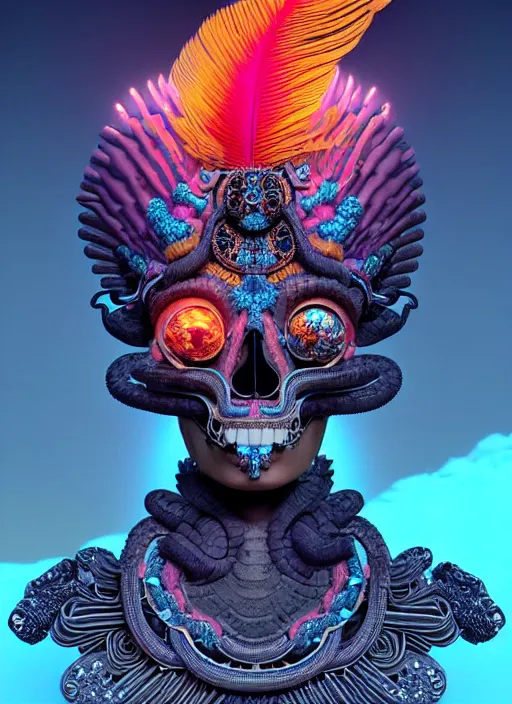 Image similar to 3 d goddess portrait, micro details global illumiantion beautiful intricate highly detailed quetzalcoatl skull and feathers. bioluminescent, plasma, lava, ice, water, wind, creature, thunderstorm! artwork by tooth wu and wlop and beeple and greg rutkowski, 8 k trending on artstation,