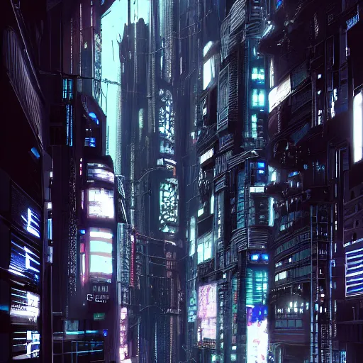 Image similar to Fully dark cyberpunk city with one building in the middle with only one window shining in style of Tsutomu Nihei. ArtStation, Cyberpunk, Vertical Symmetry, 8K, Highly Detailed, Intricate, Album Art.