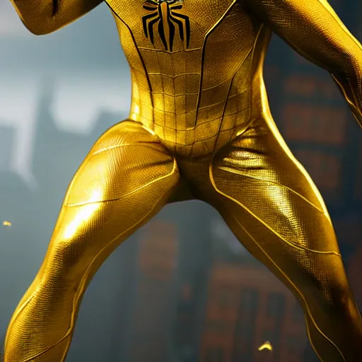 Image similar to gold spider - man suit with black web lining, cinematic, volumetric lighting, realistic, hyperdetailed, photorealistic, photograph