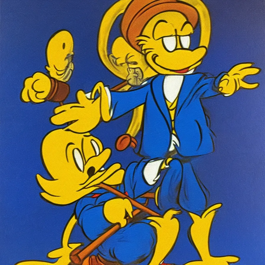 Image similar to Scrooge McDuck from the Duck Tales in blue costume standing on a mountain of golden gold and holding a cane, view from below, full body portrait including head, oil painting, highly detailed