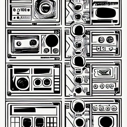 Prompt: 1 9 6 0 marvel comic scifi control panel texture, by jack kirby, vertical, flat, vector shapes, random connection, organic ink, black and white only