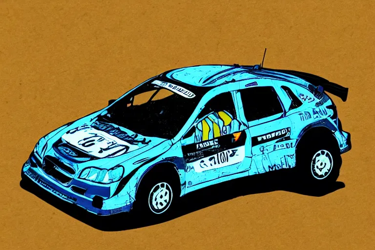 Prompt: a rally car in the style of rafael albuquerque