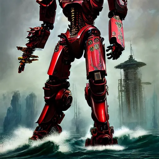 Image similar to pacific rim robot wearing shiny blood red armor holding a sword standing in the sea, full body image, steam punk, sci-fi, extremely detailed digital painting, in the style of Fenghua Zhong and Ruan Jia and Jermy lipking and peter mohrbacher, mystic colors, highly detailed, deep aesthetic, 8k, highly ornate intricate details, cinematic lighting, rich colors, digital artwork, ray tracing, hyperrealistic, photorealistic, cinematic landscape, trending on artstation,