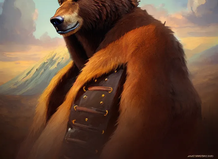 Image similar to character portrait feature of the anthro male anthropomorphic kamchatka brown bear fursona wearing cowboy outfit wild west desperado character design stylized by charlie bowater, ross tran, artgerm, and makoto shinkai, detailed, soft lighting, rendered in octane