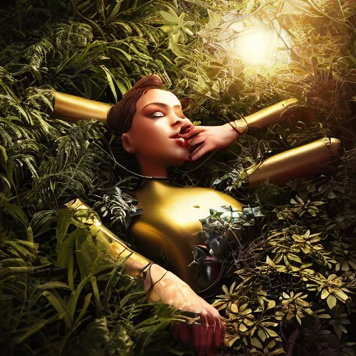 Image similar to beautiful overgrown foliage taking over an ( beautiful abandoned human - shaped robot body laying on the ground ), close - up, 3 5 mm, biopunk, bokeh, beautiful, lens flare, emotional, sweet, flowers, detailed, picture, trending on artstation, award - winning, shiny, golden, angle view, octane render