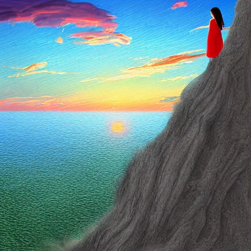 Prompt: 2 women cuddling on the edge of a cliff watching the sunset Digital Art