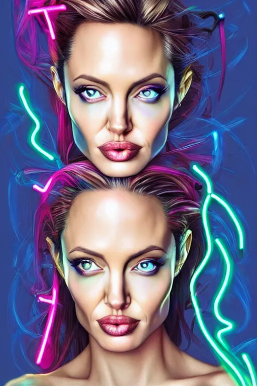 Prompt: a award winning half body portrait of a angelina jolie with stunning eyes in a croptop and cargo pants with rainbow colored hair, outlined by whirling illuminated neon lines and fine lines swirling in circles by jesper ejsing and rhads and makoto and shinkai and lois van baarle, digital art, trending on artstation