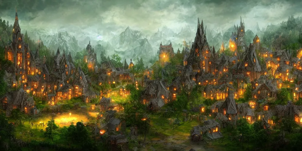 Prompt: high fantasy magical elven town village, gilroy gardens, j. r. r tolkien, lord of the rings, rpg, dungeons and dragons, elden ring, adventure, environment, smooth, sharp focus, deviantart, artstation