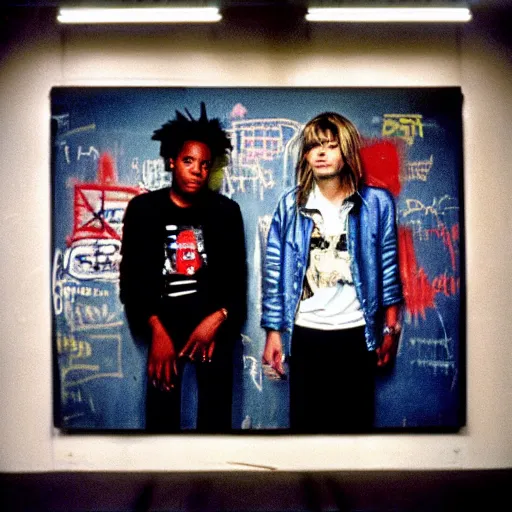 Image similar to medium format photo of basquiat and kurt cobain photographed by annie leibovitz in a hi end photo studio, color, photorealistic,