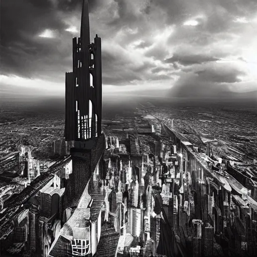 Image similar to an ultra detailed black and white matte painting of a lonely and impossibly tall ominous dark tower elevated high above the city, on an isolated plateau island in a river elevated high above the city fortress tower, fantasy capital city, ultrawide lense, aerial photography, volumetric lighting, exquisite detail, 8 k, art by artgerm and greg rutkowski and alphonse mucha