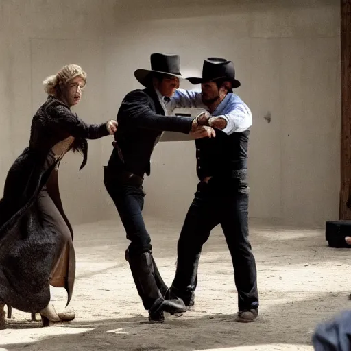 Prompt: a fight has broken out on the set of Westworld