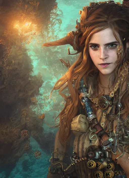 Image similar to underwater pirate steampunk portrait of emma watson, hyper detailed, digital art, cinematic lighting, studio quality, smooth render, unreal engine 5, octane rendered, art style by klimt and nixeu and ian sprigger and wlop and krenz cushart.