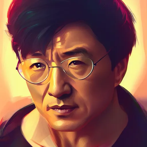 Image similar to Jackie Chan as Tony Stark, ambient lighting, 4k, alphonse mucha, lois van baarle, ilya kuvshinov, rossdraws, artstation