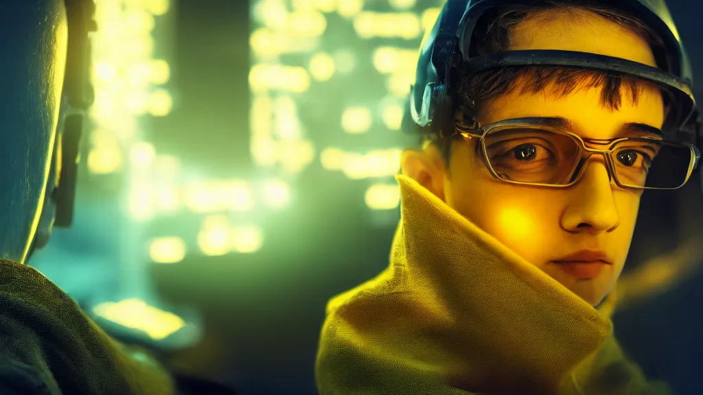 Image similar to close up portrait of young engineer in a yellow sweatshirt on the face of which glare from the computer. cyberpunk, volumetric lighting, 4 k, hd