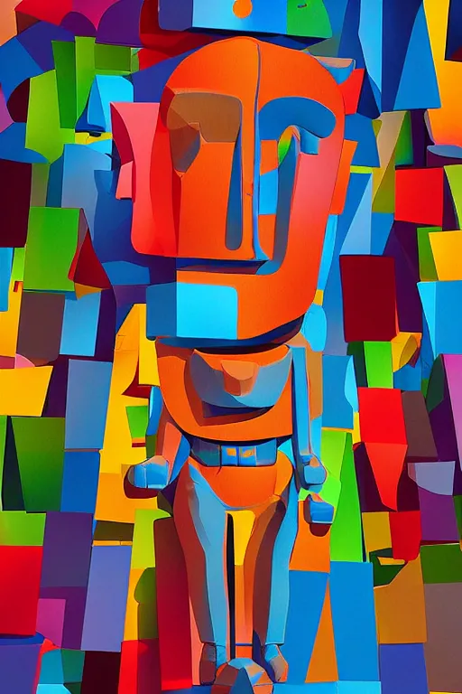 Image similar to cubist moai statue cutout digital illustration cartoon colorful beeple