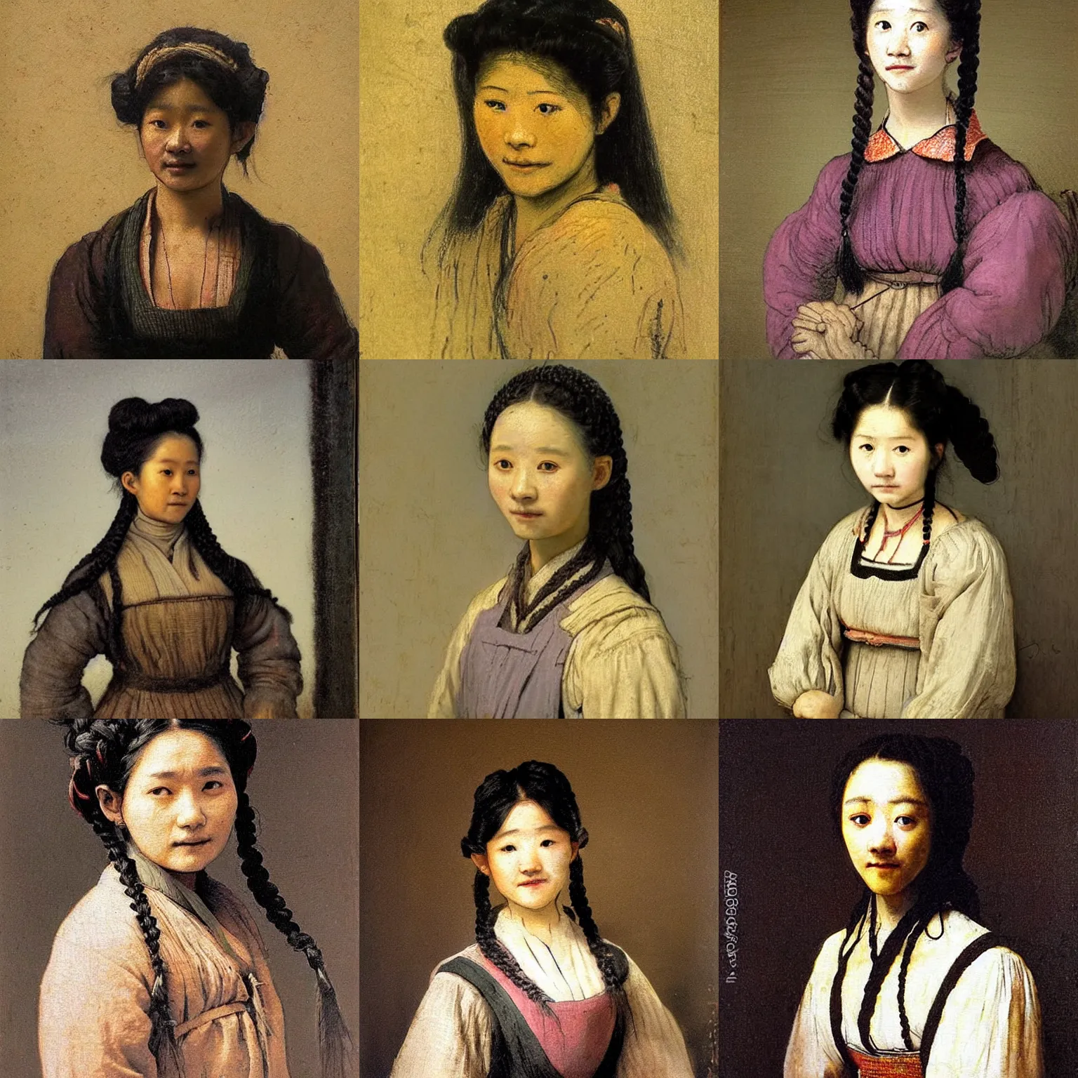 Prompt: a sadly smiling! black haired, young peasant woman from the 19th century who looks very like yooung (((Lee Young Ae))) with a two french braids, pastel colours, detailed, painting by Rembrandt, Csók István and da Vinci