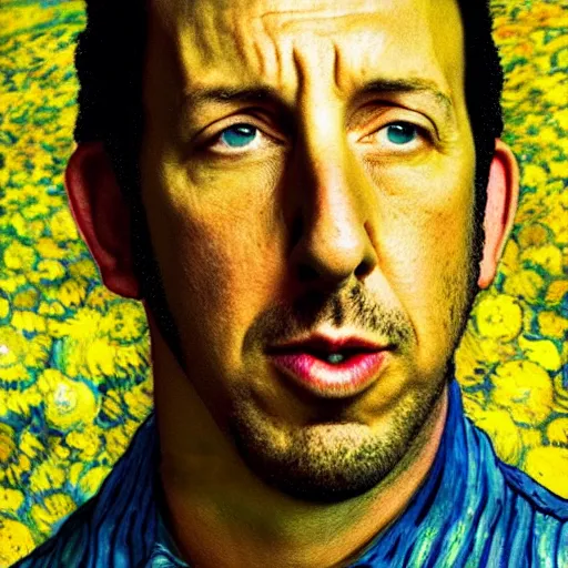 Prompt: adam sandler in a van gogh painting, 4 k, hyper realistic, dslr, high resolution, landscape, beautiful