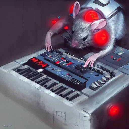 Image similar to a rat cyborg playing with a tb-303 synthesizer, by ruan jia