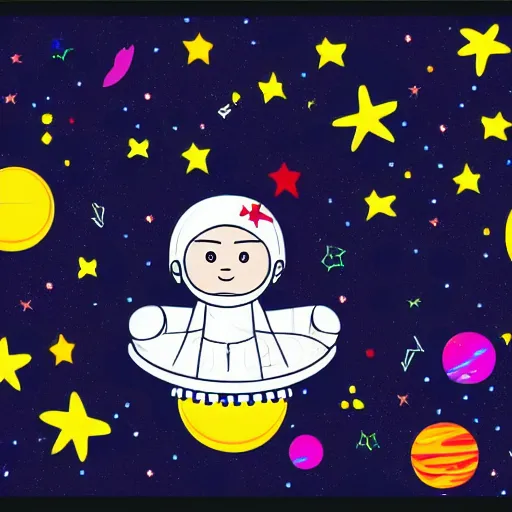 Image similar to lonley and gloomy baby in middle of space surrounded by colorful stars planets and galaxies, grainy design, high quality, 4 k, award winning