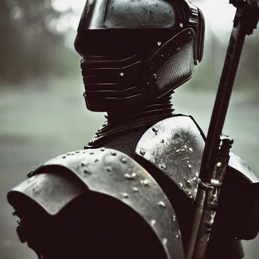 Image similar to portrait photograph of black spacemarine in battle worn armor. super resolution. 85 mm f1.8 lens.bokeh.graflex. Alessio albi