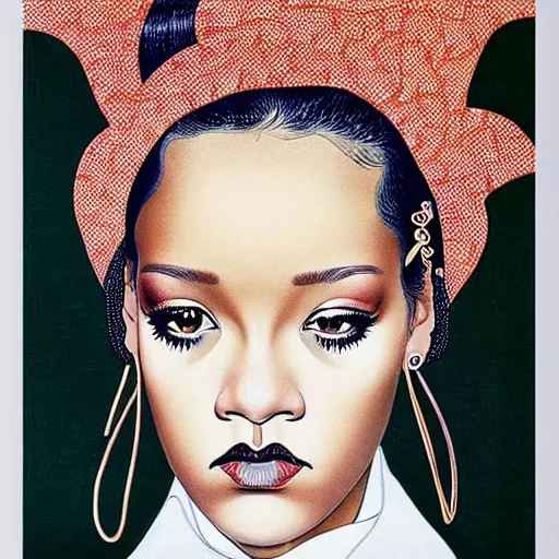 Image similar to “ rihanna portrait by ikenaga yasunari and ayana otake and ko rakusui, 6 0 s poster, drawing, realistic, sharp focus, japanese, dreamy, nostalgia, faded, golden hues, floral clothes, porcelain skin ”