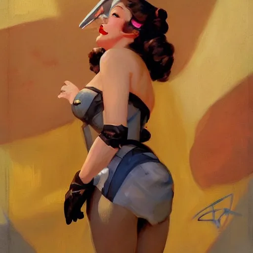 Image similar to greg manchess portrait painting of beauty 1 9 4 0's pinup as overwatch's characters, medium shot, asymmetrical, profile picture, organic painting, sunny day, matte painting, bold shapes, hard edges, street art, trending on artstation, by huang guangjian and gil elvgren and sachin teng