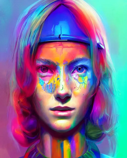 Image similar to colorful portrait of a hippie, set in the future 2 1 5 0 | highly detailed | very intricate | symmetrical | professional model | cinematic lighting | award - winning | painted by mandy jurgens and ross tran | pan futurism, dystopian, bold psychedelic colors, cyberpunk, groovy vibe, anime aesthestic | featured on artstation