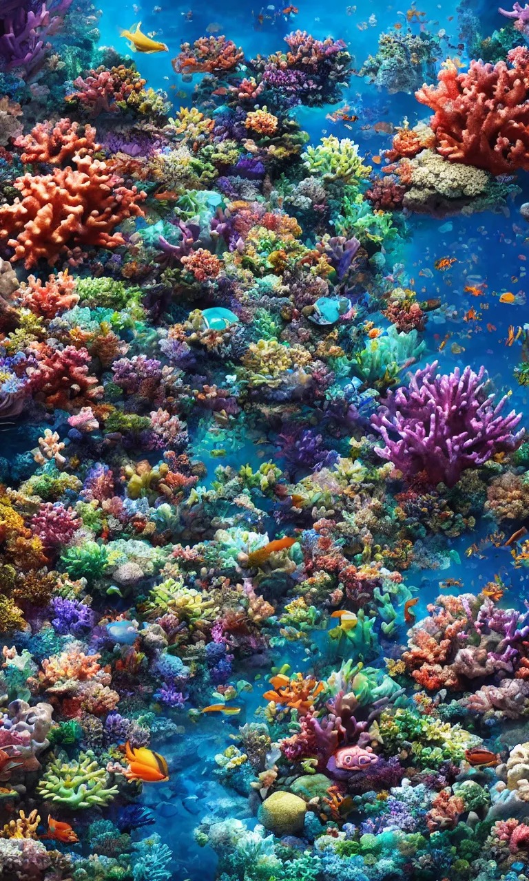 Image similar to a beautiful coral reef full of life and rays of light from the surface, trending on artstation, highly detailed, intricate detail, photorealistic, lifelike, realism, 8 k resolution, volumetric lighting, global illumination, specular highlights