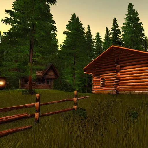 Prompt: a log cabin in the middle of the forest with a dirt path leading up to it, at sunset, Second Life game screenshot