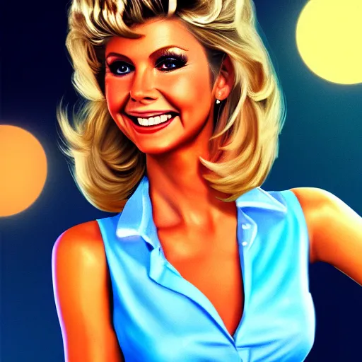 Image similar to a portrait of a beautiful Olivia Newton-John as Sandy from Grease (1978), smiling, clear eyes, illustration, soft lighting, soft details, painting oil on canvas, octane render, HDR, trending on artstation, 4k, 8k, HD