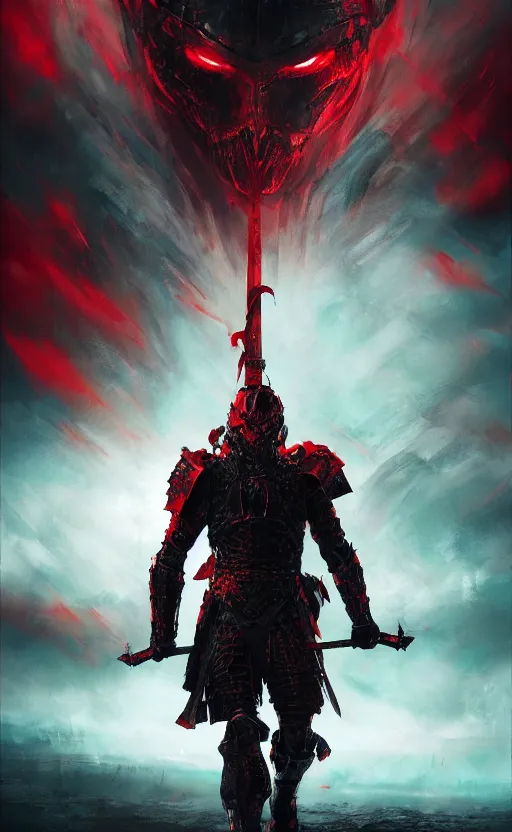 Image similar to a painting of a distant armored warrior with a sword, a sea of red in the background, dark figures in the background, cinematic, dramatic, sinister mood, highly detailed, movie poster, 8 k