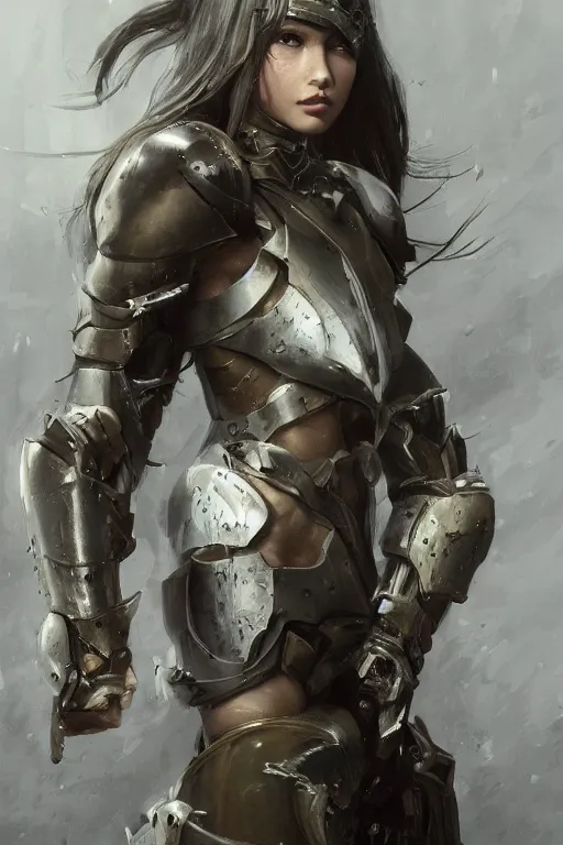 Image similar to a photorealistic painting of an attractive young girl, partially clothed in battle armor, olive skin, long dark hair, beautiful bone structure, symmetrical facial features, intricate, elegant, digital painting, concept art, illustration, sharp focus, from Metal Gear, in the style of Ruan Jia and Mandy Jurgens and Greg Rutkowski, trending on Artstation, award winning